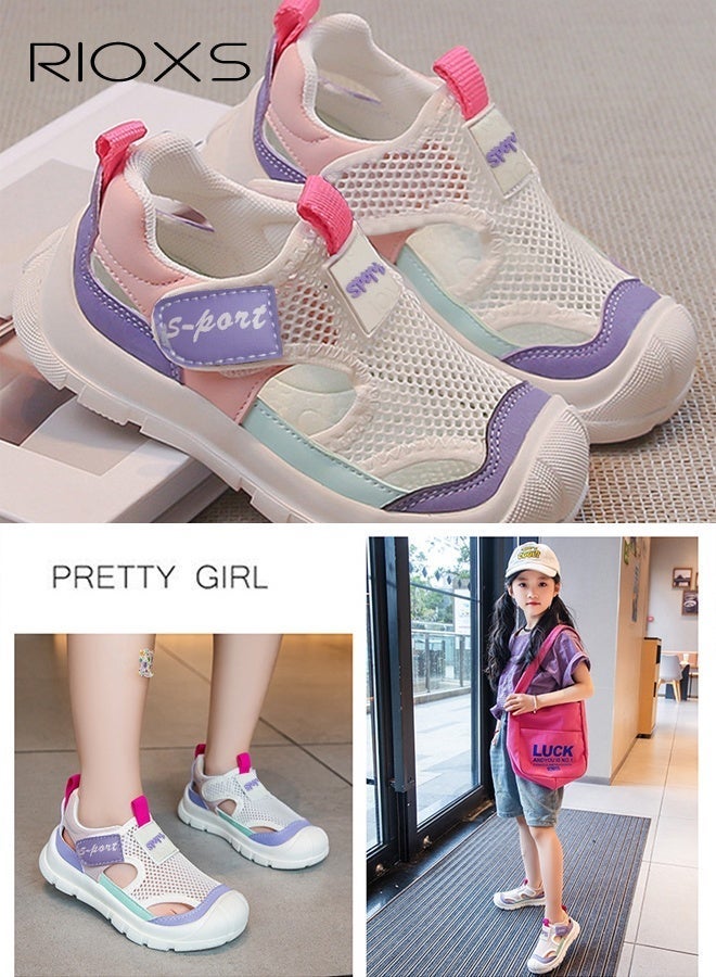 RIOXS Kids Unisex Flat Sandals, Fashion Boys' Sandals Girls' Sandals, Lightweight Breathable Mesh Shoes with Velcro, Athlesiure Slip-On Sneakers for Toddler/Little Kids, Athletic Casual Shoes for Boys Girls, Beach Sport Barefoot Aqua Sandals for Indoor Outdoor Activities, Kid's Footwear Violet Tennis Hiking Sneaker - Image 1